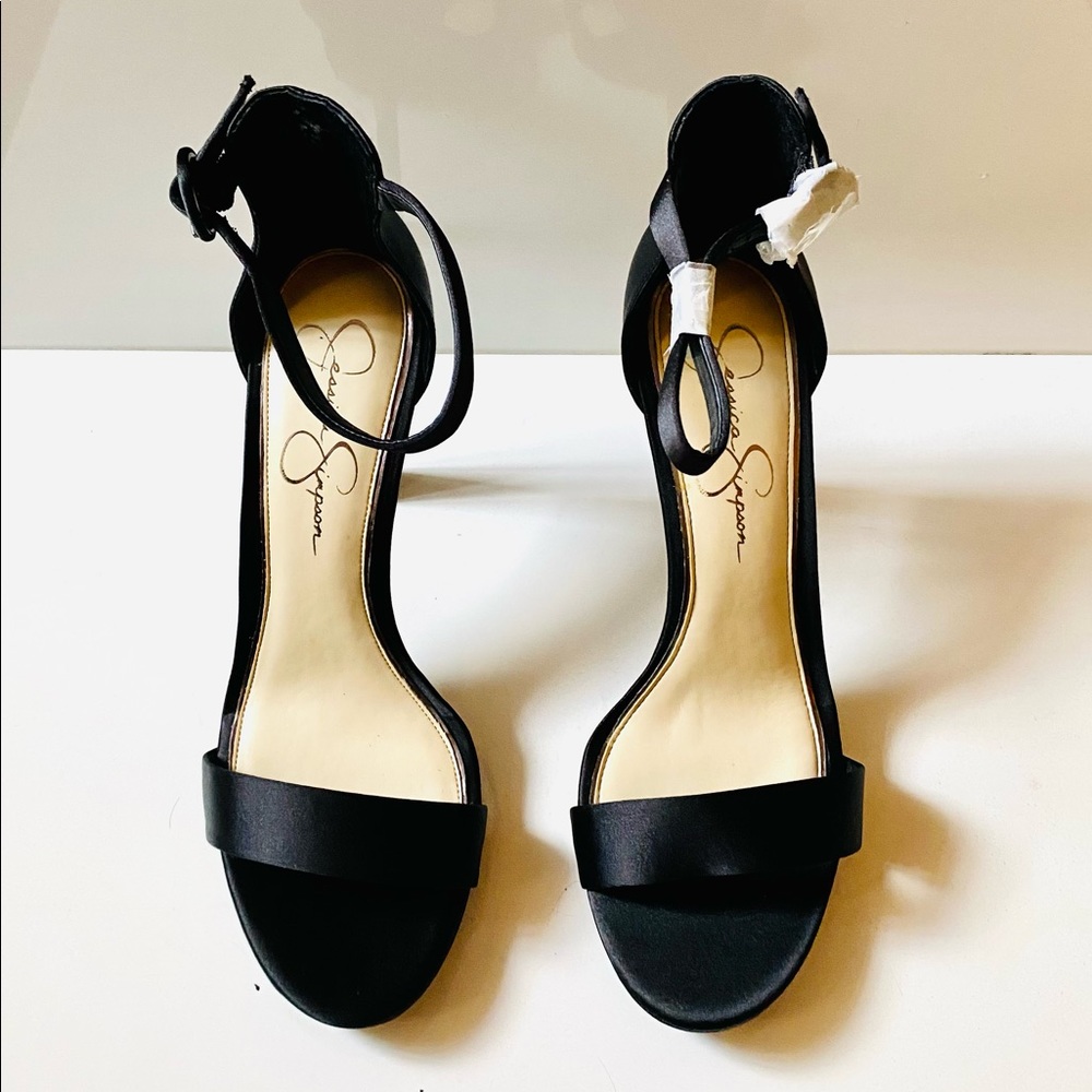 Brand New Jessica Simpson 9.5 Black Satin Ankle Strap Stilettos